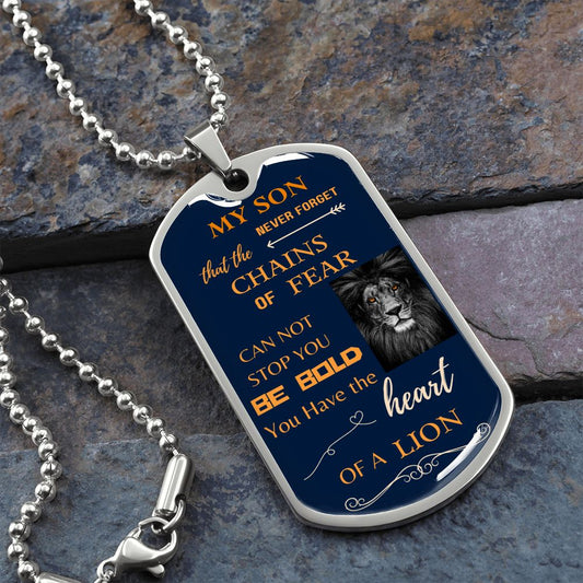 Heart of a Lion - My Son - Dog Tag - Blue/Gold Title