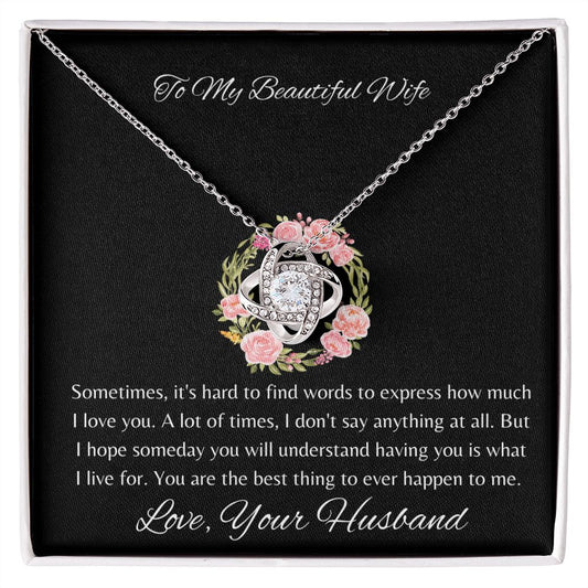 To My Beautiful Wife - Love Knot Necklace - Rose Wreath/Black Card