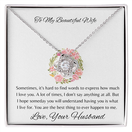 To My Beautiful Wife - Love Knot Necklace - Rose Wreath/White Card