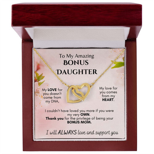 To My Amazing Bonus Daughter - From Mom -  Interlocking Hearts Necklace - PopGifts