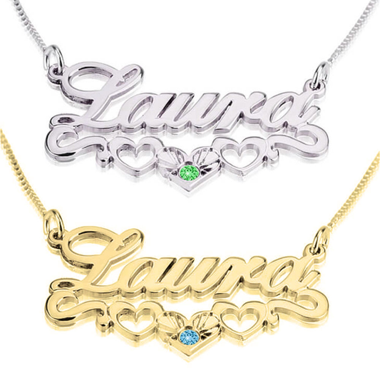 Radiant Name Necklace with Birthstone Hearts